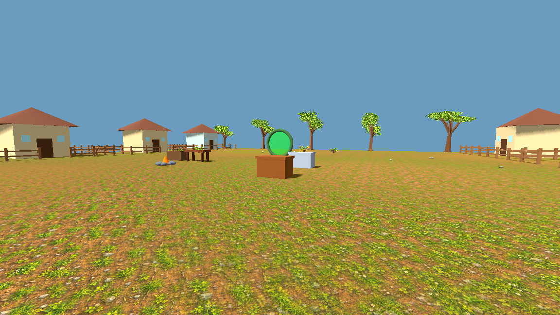 Early home world with fenced cottages, a workbench, campfire, storage chests and a green portal.